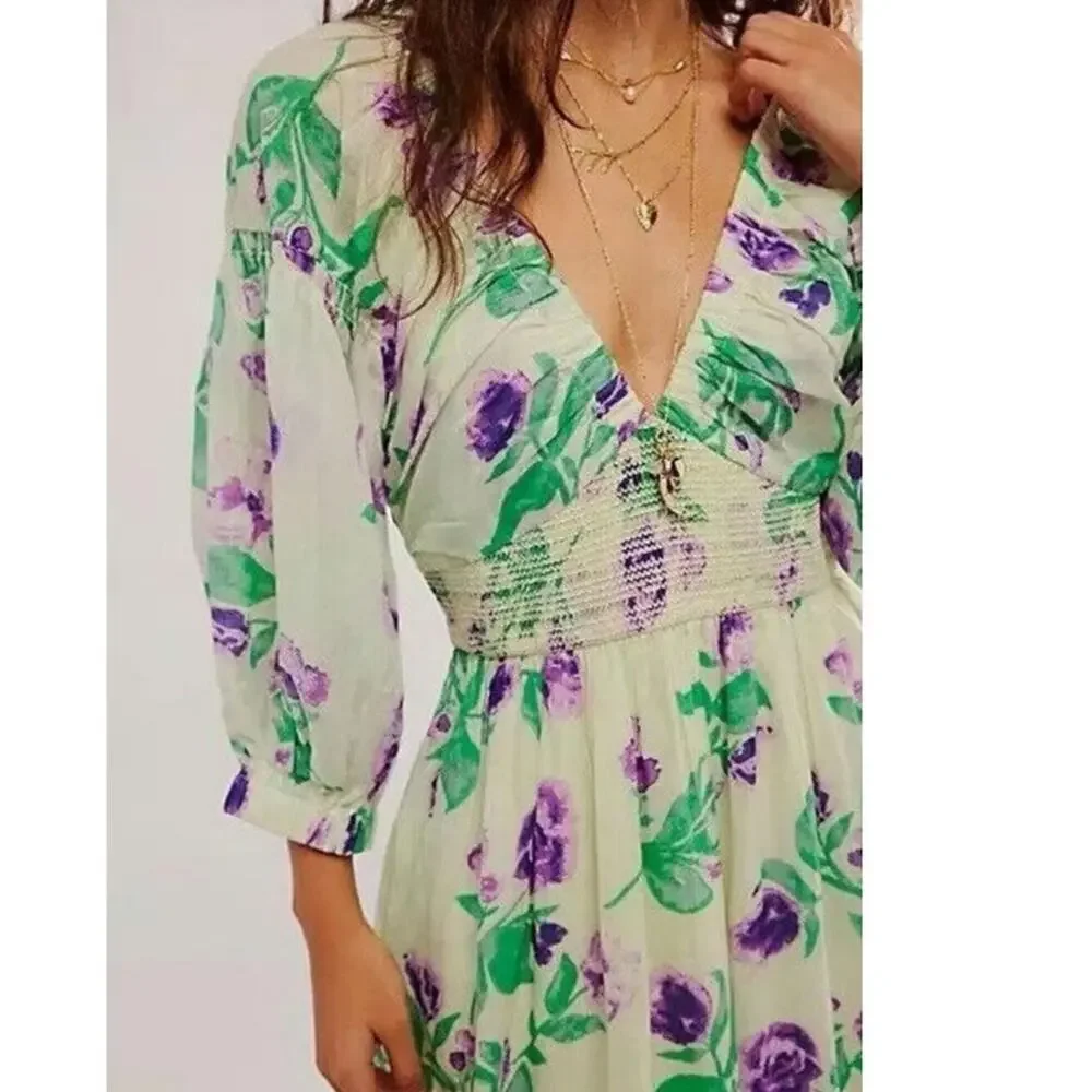 New Free People Golden Hour Floral Maxi Dress $168 X-SMALL Purple Green Boho